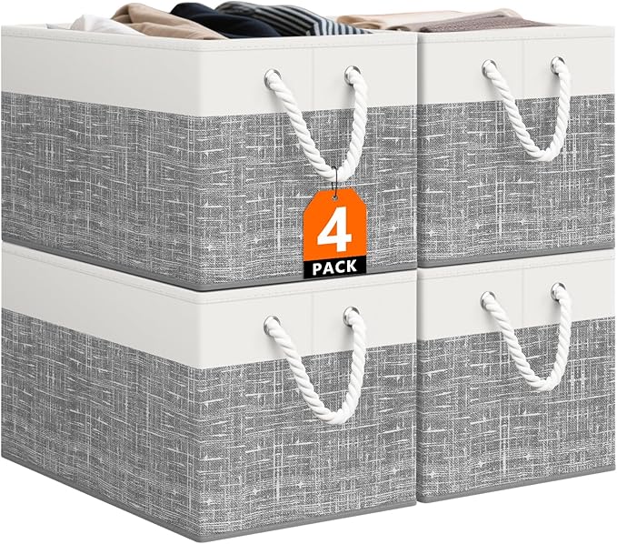 StorageTastic Storage Bin,Collapsible Storage Basket For Organizing,Large Storage Boxes With Rope Handles,Storage Containers,White & Grey,4 Pack