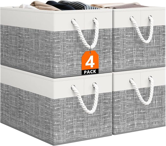 StorageTastic Storage Bin,Collapsible Storage Basket For Organizing,Large Storage Boxes With Rope Handles,Storage Containers,White & Grey,4 Pack