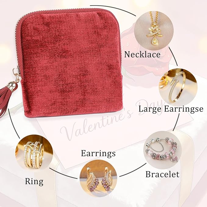 ASINGYER Travel Jewelry Storage Bag for Women, Velvet Portable Jewelry Organizer with Tassel Zipper, Small Pouches for Bracelets Necklaces Rings Earrings, Wedding Gift for Women (Wine red)