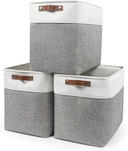 Bagnizer Large Fabric Storage Baskets | 50L Storage Bins, Decorative Linen Closet Baskets with Handles for Organizing, Shelf, Toys, Clothes, Home, Office, Nursery, 17x12x15Inches (Grey&White)