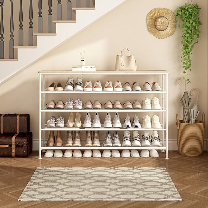 SUOERNUO Shoe Rack Organizer 5 Tier for Closet Entryway Free Standing Metal Storage Shoe Shelf with MDF Top Board (White+Oak, Large 5 Tier)