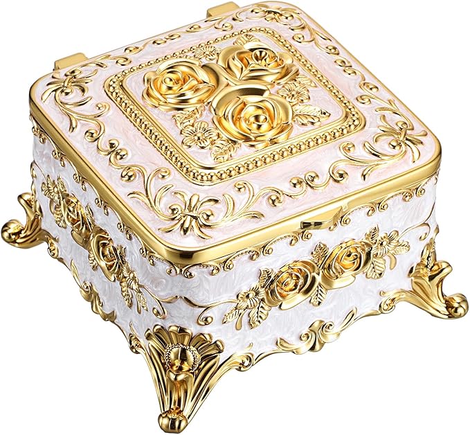 Hipiwe Vintage Jewelry Box Rectangular Trinket Chest Metal Treasure Holder for Ring Earrings Organizer Keepsake Box Gift for Woman, Beige, 5.1" L x 5.1" W x 3.1" H