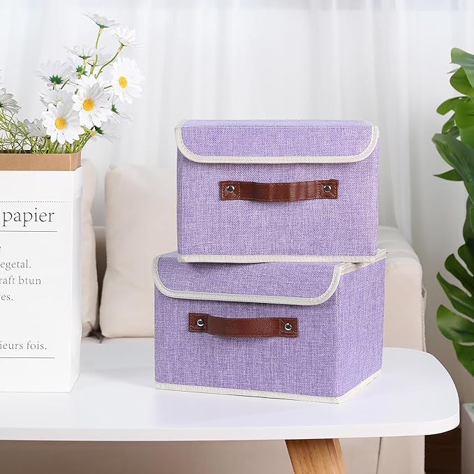 ANMINY 4PCS Storage Bin with Lid Storage Boxes with PU Leather Handles PP Plastic Board Decorative Foldable Lidded Cotton Linen Fabric Home Cubes Baskets Closet Organizer Container - Purple, Medium