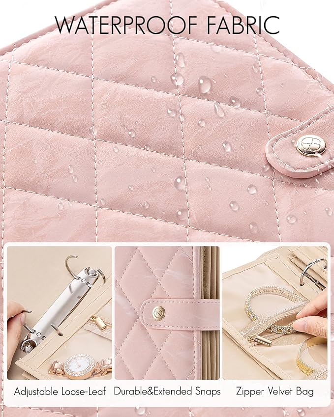 VLANDO Travel Jewelry Organizer Case,Jewelry Storage Book Ring Binder with Clear Zipper Velvet Pouch Bag for Travel Essentials,Rings,Necklace,Earrings,Bracelets,Brooches,Gifts for Women-Sand Pink