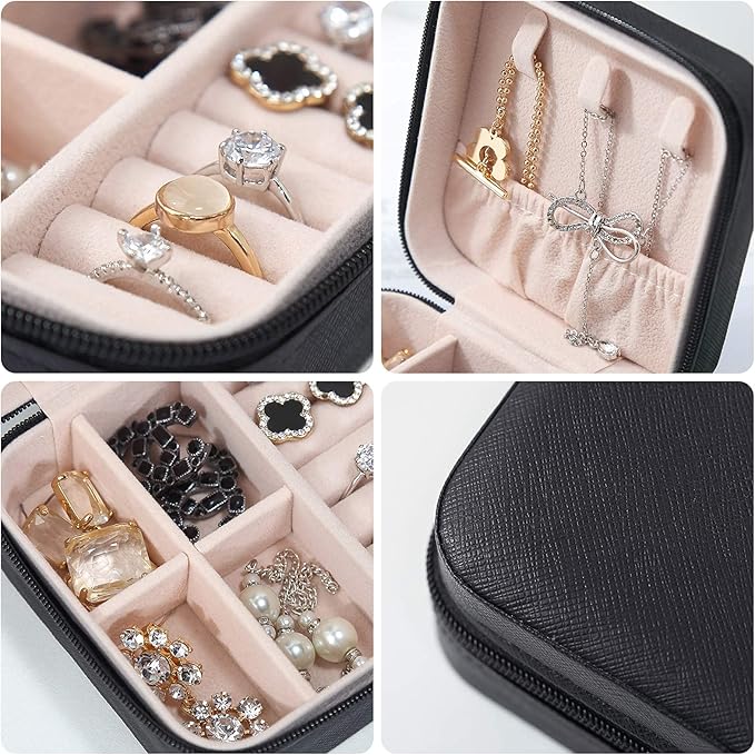 Mini Jewelry Travel Case,Small Travel Jewelry Organizer,Travel Portable Jewelry Case for Ring, Pendant, Earring, Necklace, Bracelet Organizer Storage Holder Boxes (Black)