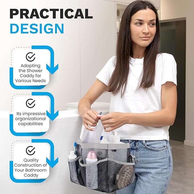 Handy Laundry Mesh Shower Caddy – 7 Pocket Portable Organizer Tote for College Dorm, Gym, Travel & Bathroom – Quick Dry, Collapsible, Lightweight Bag with Reinforced Handles (Black)