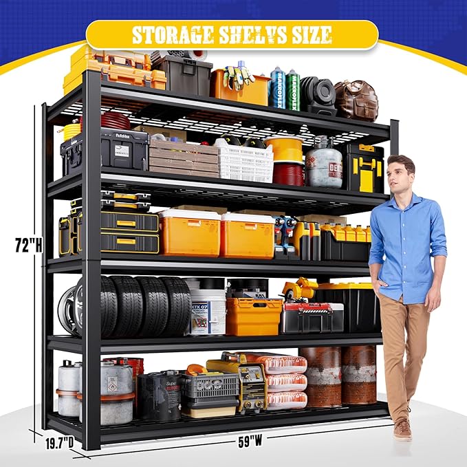 72" H Heavy Duty Garage Shelving 5-Tier Storage Shelves, Adjustable Metal Shelving Unit, Utility Garage Organizer Shelf for Basement, Pantry, Warehouse, Supermarket, 59" W x 19.7" D x 72" H