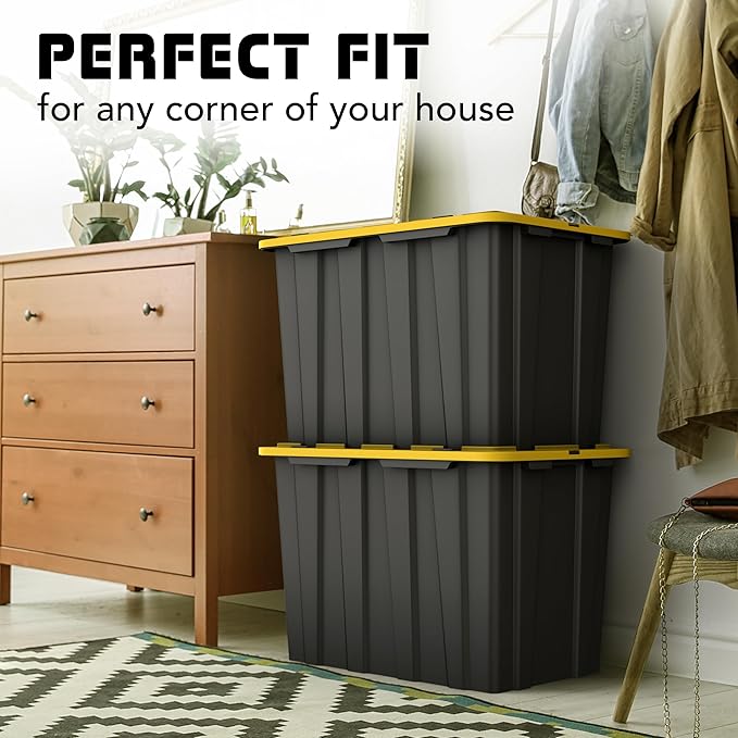 4 PACK X-Large Black & Yellow Storage Bins | Plastic Tote Organizing Container with Secure Latching Lids, Stackable, Extra Strength with Built in Handle | Black and Yellow Bins | 24.5" x 16.5" x 16.6"