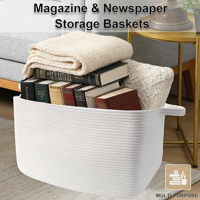 Large Blanket Basket,Woven Rope Basket Storage Bin with Handles,65L Rectangle Laundry Basket for Magazines,Toys,Clothes,Newspaper Shelf Organization,Nursery and Living Room,White