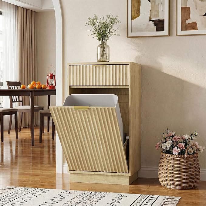 Tilt-Out Trash Cabinet with 10-Gallon Capacity, Walnut Laundry Hamper Cabinet, 34.3 x 19 x 13.8 inches, Wave-Textured Front.