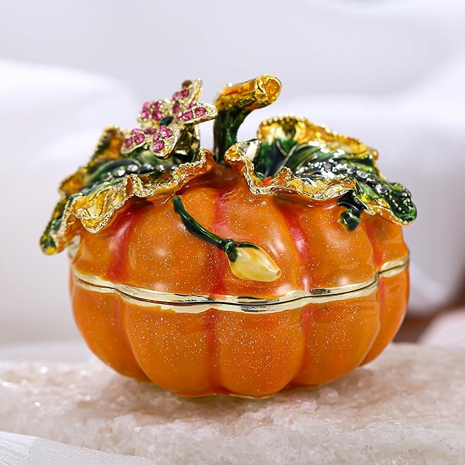 Hand Painted Fruit Trinket Box for Home Decor, Hinged Jewelry Organizer Storage, Unique Personalized Collectible Keepsake Figurine Handmade Decorative Ornament Gifts (Pumpkin)