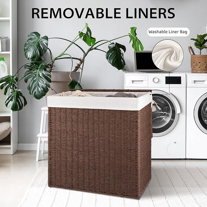 OIAHOMY Laundry Hamper with Lid, 110L(29.1 Gal) Large Wicker Laundry Basket for Bedroom, Handwoven Paper Rope Clothes Hamper with Washable Liner & Metal Frame, Decorative organizer for Bathroom Brown