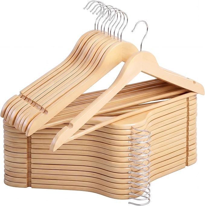 StorageWorks Wooden Hangers 30 Pack, Wood Coat Hangers for Closet, Heavy Duty Clothes Hangers for Suits, Shirts, Pants, Jackets, Natural Wood Color