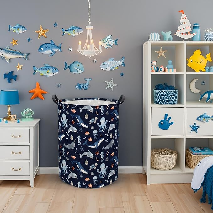 HIYAGON Ocean Baby Laundry Basket Baby Hamper for Nursery Girl Kids Soccer Hamper Cute Kids Toys Storage Bin Organizer Ocean Room Decor for Home(Blue Ocean)