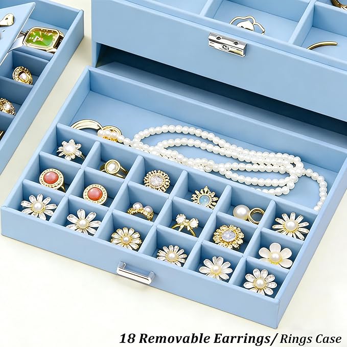 QBestry 3-Layer Jewelry Box for Girls & Teens with Lock and Key, Large Jewelry Organizer with 8 Necklace Hooks & 56 Earring Holes, Blue Velvet Jewelry Storage Box for Necklaces Earrings Rings Bracelet