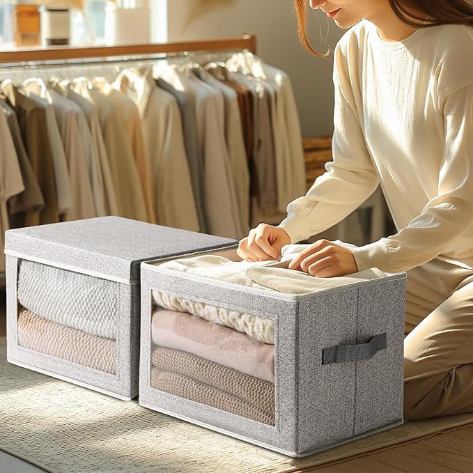 Homsorout Storage Boxes with Lids - 3 Pack Fabric Clear Window Storage Bins, Collapsible Storage Bins with Lids, Linen Closet Organizer for Clothes, Towel, Blanket, Light Grey