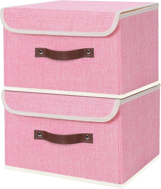 ANMINY 2PCS Storage Bin with Lid Storage Boxes with PU Leather Handles PP Plastic Board Decorative Foldable Lidded Cotton Linen Fabric Home Cubes Baskets Closet Organizer Container - Pink, Medium