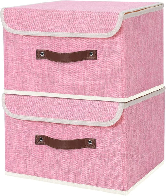 ANMINY 2PCS Storage Bin with Lid Storage Boxes with PU Leather Handles PP Plastic Board Decorative Foldable Lidded Cotton Linen Fabric Home Cubes Baskets Closet Organizer Container - Pink, Medium