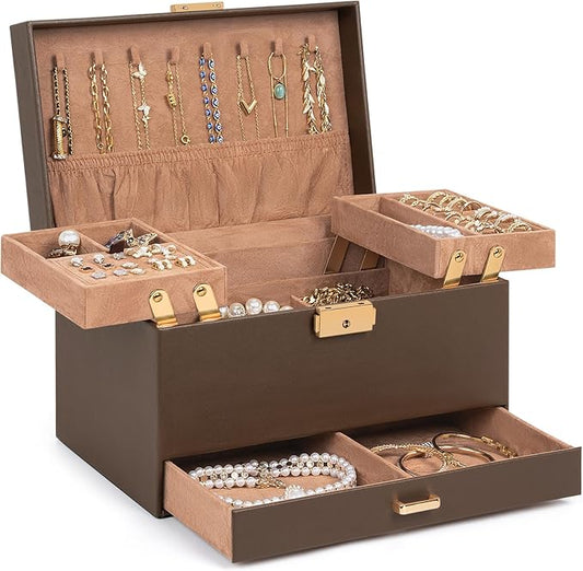 AKOZLIN Travel Jewelry Box Organizer Functional 2-trays Leather Jewelry Storage Case with Lockable Portable Drawer for Women Girls Ring Necklace Earring Bracelet