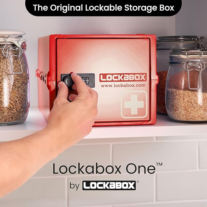 Lockabox One™ | Premium Medicine Lock Box | Medium Medication Lock Box With Code For Medicines, Vitamins & Supplements | External Size 12 x 8 x 6.6 inches (Medi Red)
