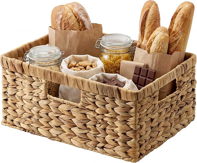 StorageWorks Large Rectangular Wicker Basket, Water Hyacinth Storage Basket with Built-in Handles, 1 Pack