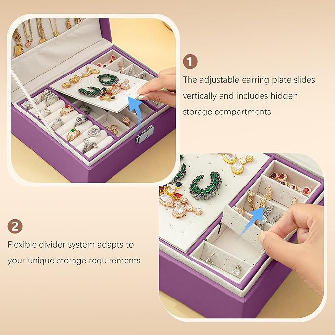 Homeanda Jewelry box 2 layer Jewelry box Leather Jewelry boxes for Women Girls Teens Jewelry organizer box Jewelry Storage box with lock(Purple)