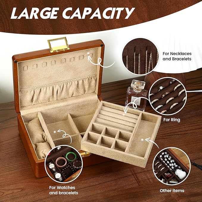 Solid Walnut Wood Jewelry Organizer Box with Lock, 2-Layer Vintage Jewelry Box for Men Women, Velvet-Lined Storage for Earrings Rings Necklaces Bracelets Watches Perfect Father Day Gift Khaki