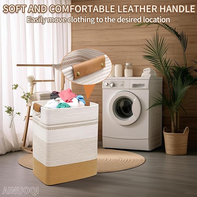 Large Laundry Hamper Basket, 85L Cotton Rope Woven Storage Bin for Blankets, Dirty Clothes Toys, Decorative Tall Basket with Leather Handles for Living Room, Bedroom, Bathroom, Nursery, Jute