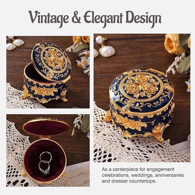 Vintage Jewelry Box, Gold Round Treasure Ring Box, Metal Trinket Organizer Keepsake Box Gift for Girl Women, Deep Blue