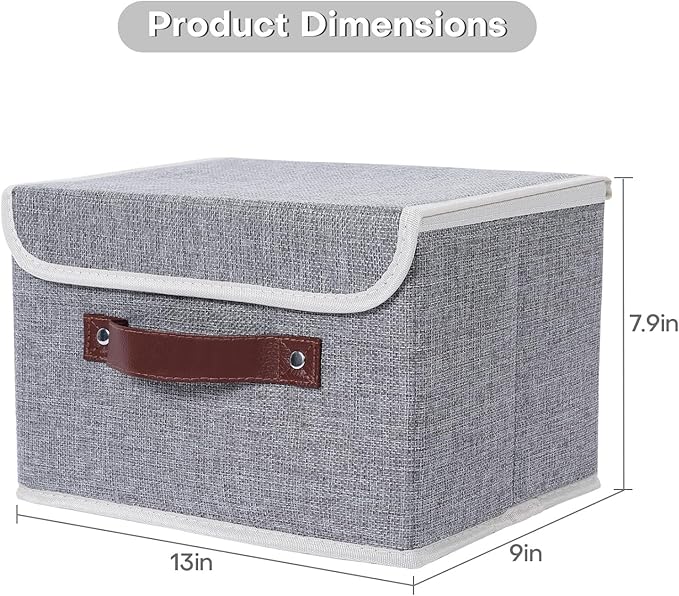ANMINY 4PCS Storage Bin with Lid Storage Boxes with PU Leather Handles PP Plastic Board Decorative Foldable Lidded Cotton Linen Fabric Home Cubes Baskets Closet Organizer Container - Gray, Medium