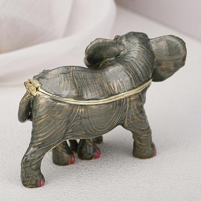 Hand Painted Animal Trinket Box for Home Decor, Hinged Jewelry Organizer Storage, Unique Personalized Collectible Keepsake Figurine Handmade Decorative Ornament Gifts (Mom & Baby Elephant)