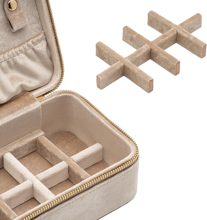 Velvet Travel Jewelry Organizer Box with Zipper Around Portable Accessory Display Tray Holder Storage Case for Multiple Earrings Rings Necklaces Bracelets (Beige)