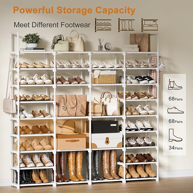 WOWLIVE 4 Row 9 Tiers Extra Large Shoe Rack Big Tall Metal Shoe Shelf, Heavy Duty Organizer for Closet Entryway, Boot Rack Storage Stackable Stand for Garage White