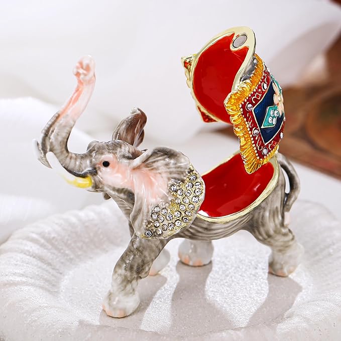 Hand Painted Animal Trinket Box for Home Decor, Hinged Jewelry Organizer Storage, Unique Personalized Collectible Keepsake Figurine Handmade Decorative Ornament Gifts (Lucky Elephant)