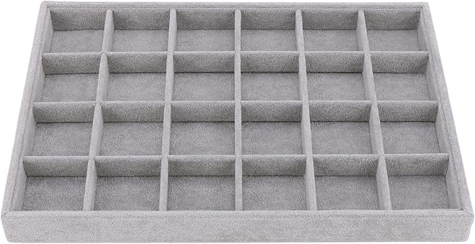 Large Velvet Jewelry Tray, Drawer Organizer for Jewelry in Dresser, Stackable Jewelry Drawer Organizer Inserts for Earring Necklace Bracelet Rings(Grey,24grid)
