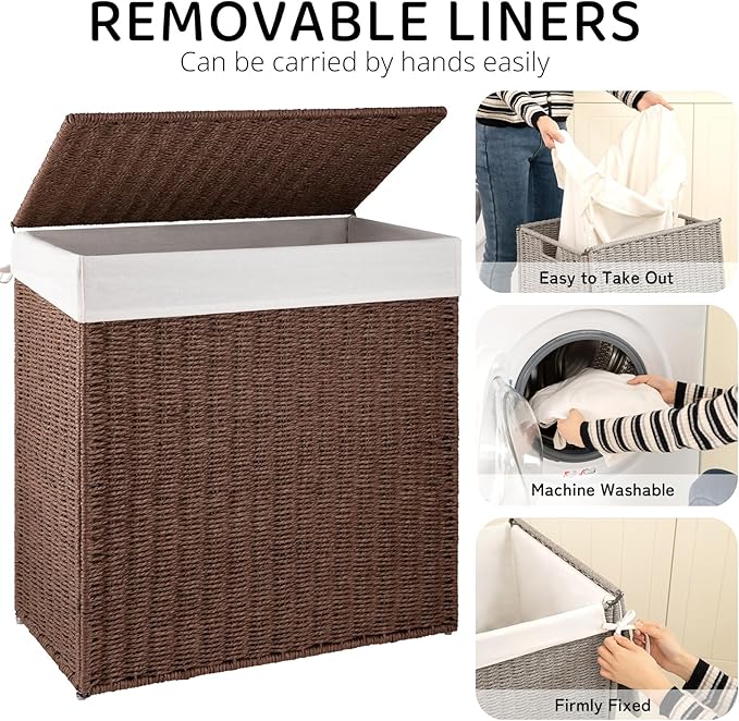 OIAHOMY Laundry Hamper with Lid, 110L(29.1 Gal) Large Wicker Laundry Basket for Bedroom, Handwoven Paper Rope Clothes Hamper with Washable Liner & Metal Frame, Decorative organizer for Bathroom Brown