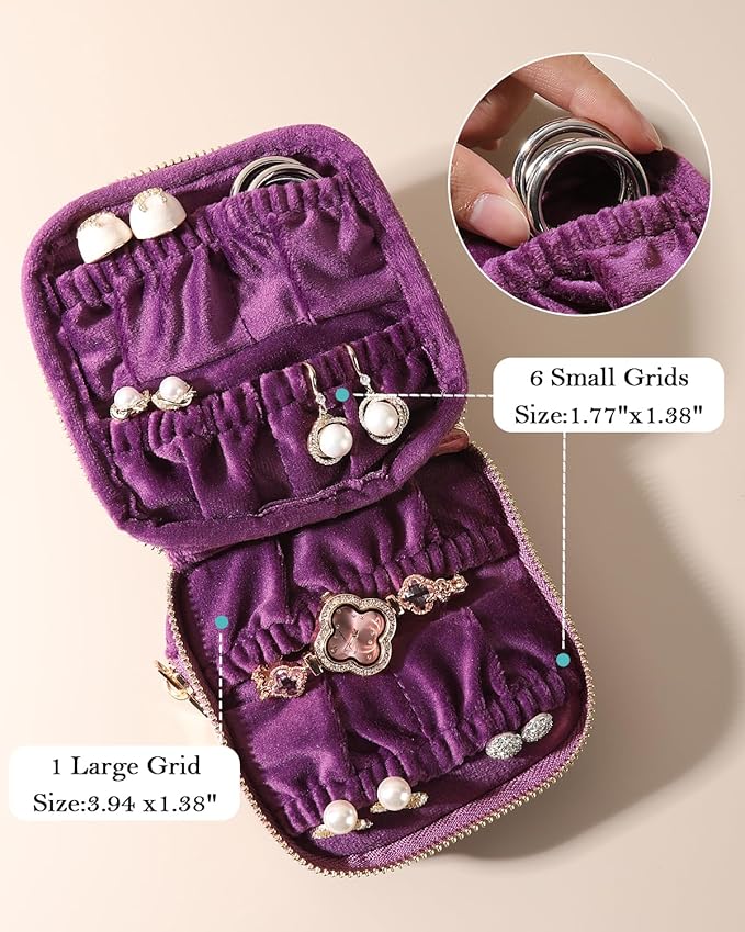 COOLYOUTH Travel Jewelry Case Organizer for Women Portable Jewelry Box with Small Pouches Mini Jewelry Bag for Rings, Bracelets, & Bangles with Smooth Metal Zipper (Plum Purple)