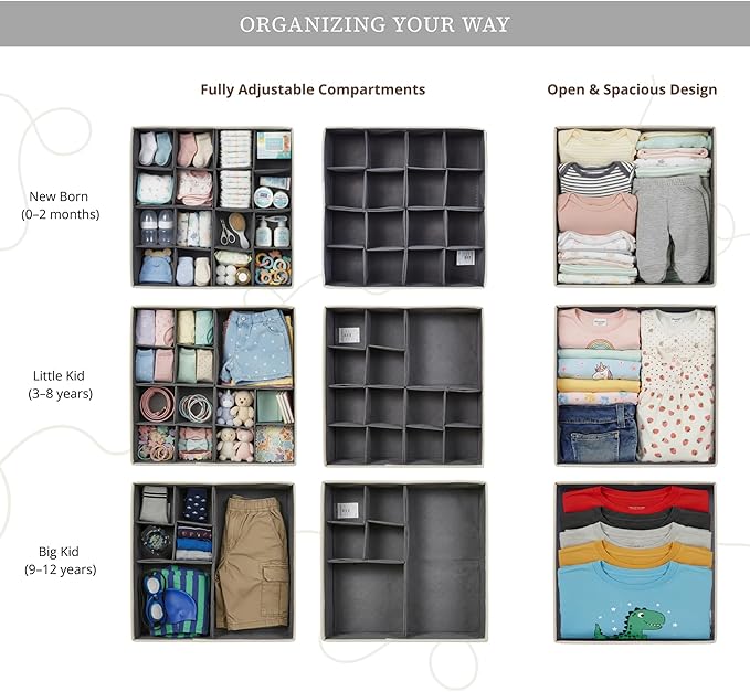 DECOMOMO Drawer Organizer for Baby – 12 Pack Clothes Organizer & Storage Dividers for Nursery, Storage Bins for Underwear, Bra, Socks, Diapers & Newborn Essentials (Grey)