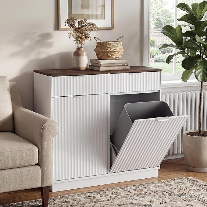 Double Tilt-Out Trash Cabinet, Laundry Hamper Cabinet with 2 Drawers, 39.4W x 34.3H x 13.8D inches, Walnut+White, Wave-Textured Front.