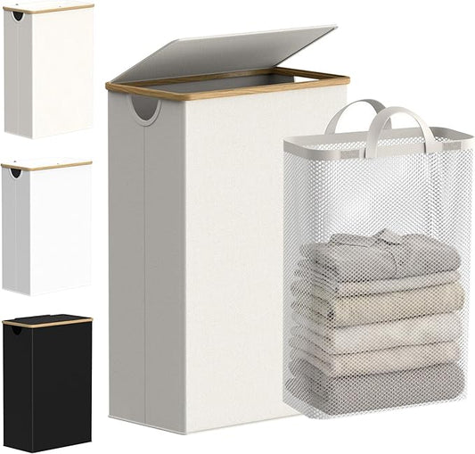 efluky Slim Laundry Basket with Lid, Narrow Laundry Hamper with Removable Bag, Skinny Dirty Clothes Basket with Bamboo Handles for Bathroom, Bedroom & Laundry Room, 75L Beige