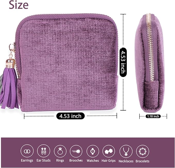 ASINGYER Travel Jewelry Storage Bag for Women, Velvet Portable Jewelry Organizer with Tassel Zipper, Small Pouches for Bracelets Necklaces Rings Earrings, Wedding Gift for Women (purple)