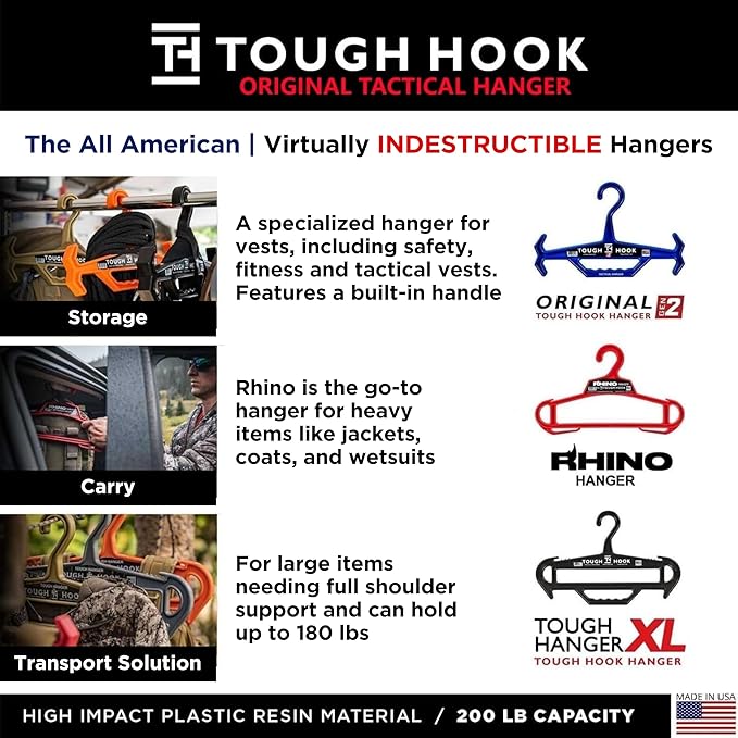 Tough Hook Original Multipurpose Heavy Duty Hanger, USA Made, Anti-Slip, 200 lb Capacity, Ideal for Tactical Gear, Body Armor, Scuba, Fitness Vests, 1 Black Plastic Piece