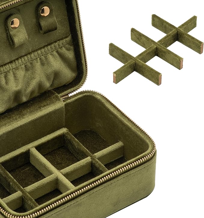 Velvet Travel Jewelry Organizer Box with Zipper Around Portable Accessory Display Tray Holder Storage Case for Multiple Earrings Rings Necklaces Bracelets (Olive Green)
