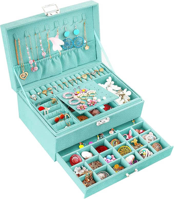QBestry 3-Layer Jewelry Box for Girls & Teens with Lock and Key, Large Jewelry Organizer with 8 Necklace Hooks & 56 Earring Holes, Teal Velvet Jewelry Storage Box for Necklaces Earrings Rings Bracelet