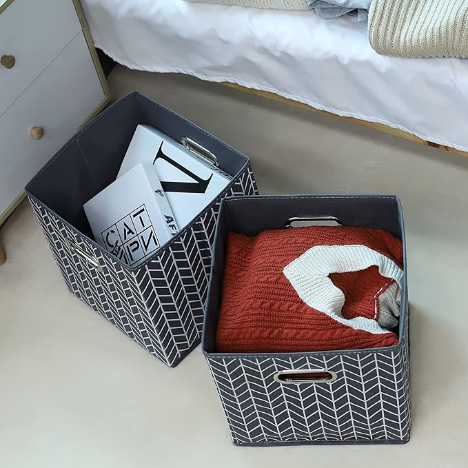 11 Inch Cube Storage Bins , Fabric Cube Organizer Bins with Handle, Foldable Cube Bins for Cloth or Accessary Storage, 11x11x11 Set of 3 (Gray Wave)
