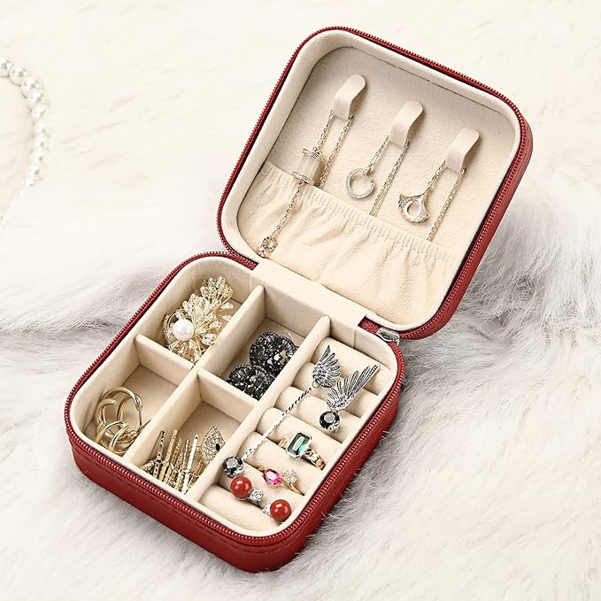 TRODANCE Mini Jewelry Case, Small Travel Jewelry Organizer, Portable Jewelry Box Mini Storage Organizer Display Box For Rings Earrings Necklaces (Red-4pcs)