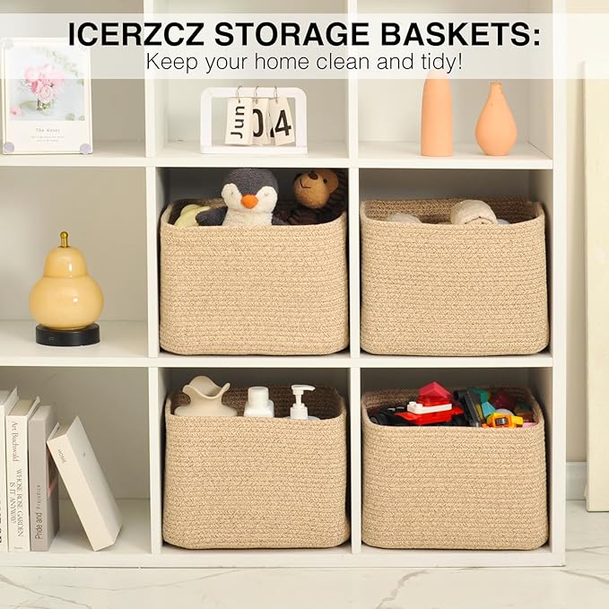 ICERZCZ Storage Baskets for Organizing & Shelves, Woven Cotton Rope Organization Bins for Dog Toys, Clothes, Books, Nursery Organizer, 15" Lx11''Wx9.5''H, (4 Packs) Brown