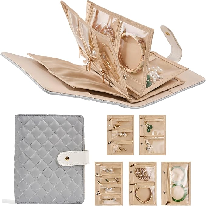 PU Leather Travel Jewelry Binder Organizer - Jewelry Boxes Case Ring Binder Storage Book with Zipper Velvet Pouches Bags for Women Gifts - Grey