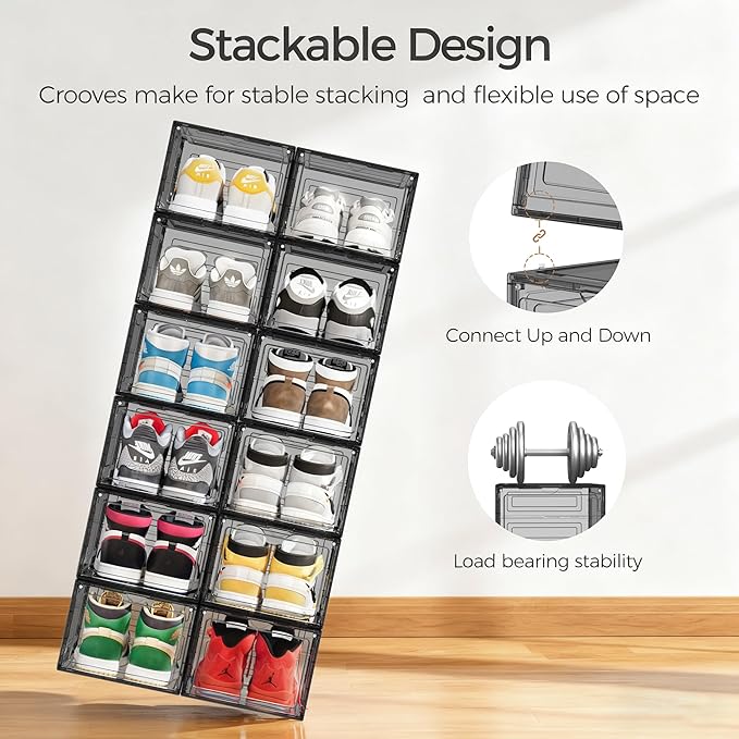 Pinkpum Upgraded Hard Shoe Storage Box 12 Pack X-Large Fit Size 12, Thicken & Sturdy Clear Plastic Stackable Shoe Organizer Box Closet, Sneaker Storage Display Case with Magnetic Door Black