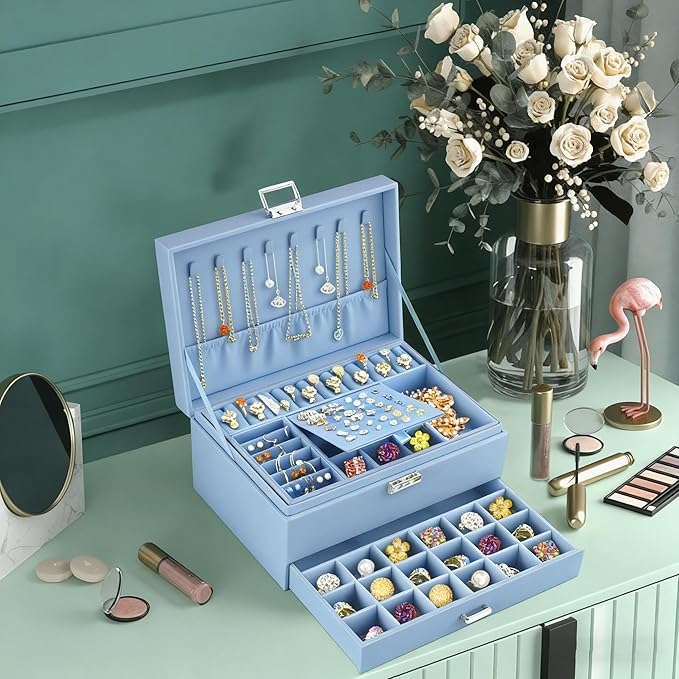 QBestry 3-Layer Jewelry Box for Girls & Teens with Lock and Key, Large Jewelry Organizer with 8 Necklace Hooks & 56 Earring Holes, Blue Velvet Jewelry Storage Box for Necklaces Earrings Rings Bracelet